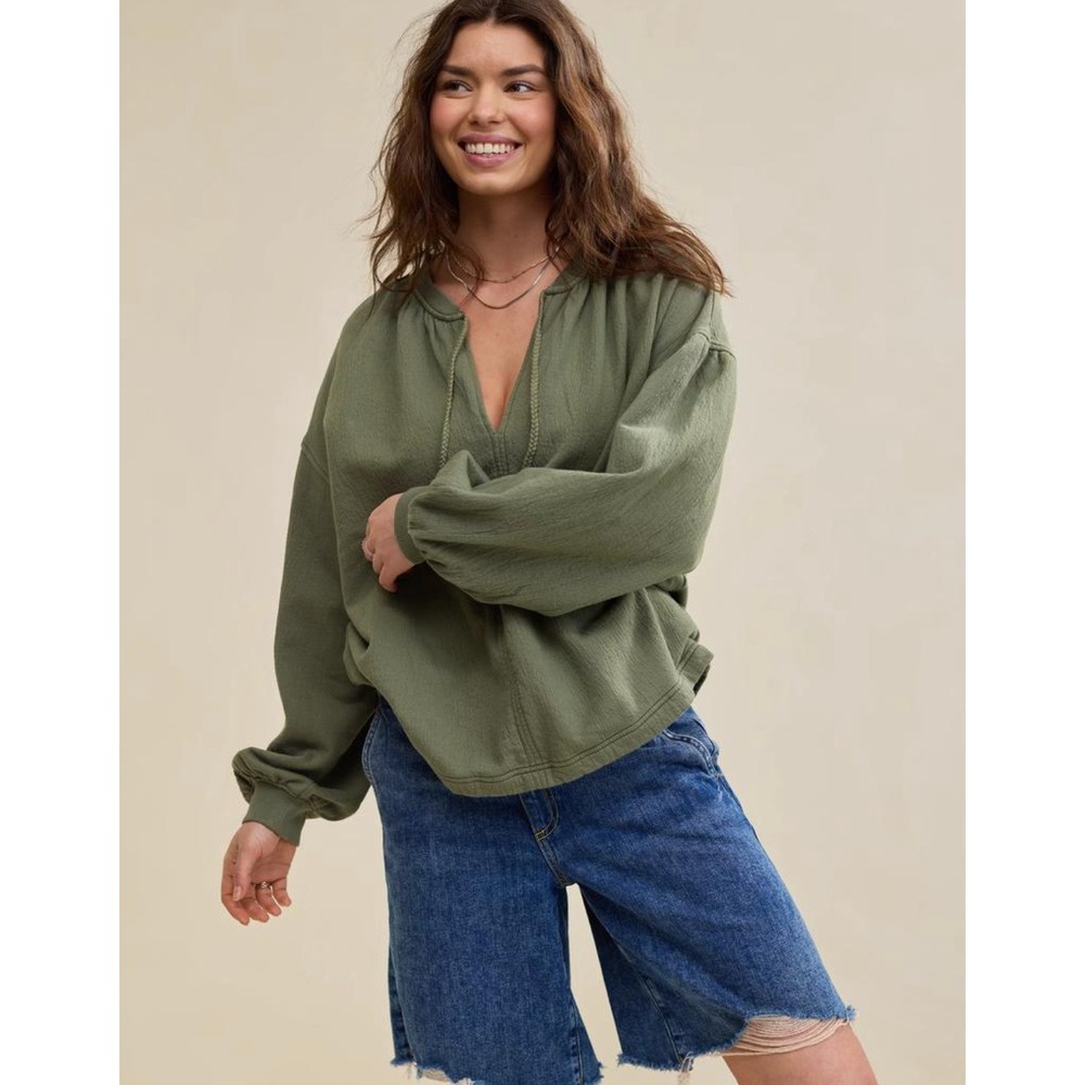 Aerie Olive Green Easy Street Pullover Sweater Texture Tassel Oversized NWT
